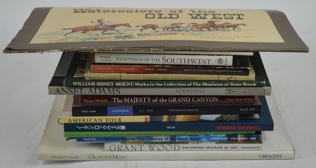 ART BOOK GROUPING: A group of art / reference books. Includes: Grant Wood, Grandma Moses, Folk art, Rockwell Kent, Ansel Adams, William Sydney Mount, etc. Measures: 7" x 12" x 15"