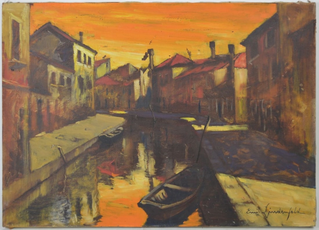 MODERNIST VENETIAN CANAL SCENE PAINTING SIGNED: Emil Lindenfeld (US / Italy / Hungary 1905-1986). A modernist work depicting a Venetian canal and pedestrian byway. The work is oil/canvas and is signed. Measures: 20 1/4" x 28 1/4"