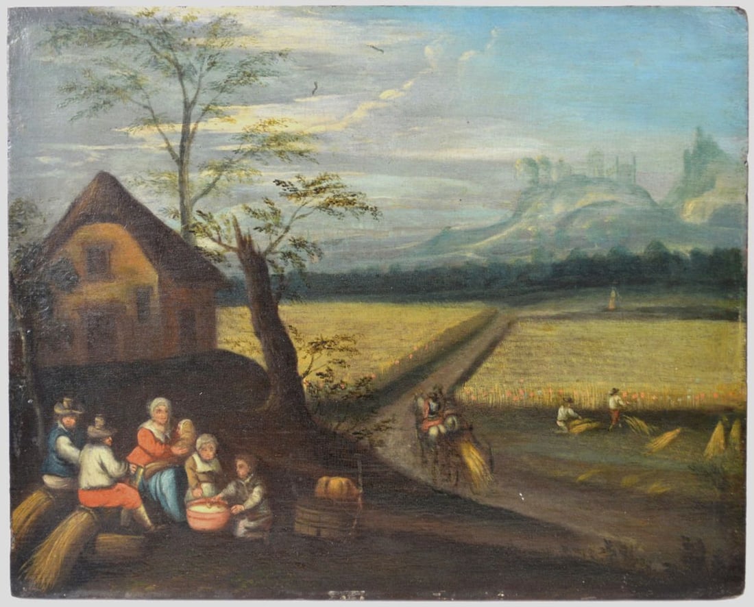 OLD MASTER PAINTING ON WOOD PANEL: An old master landscape painting with figures in the foreground and wheat fields and castle in the distance. The work is oil on beveled wood panel. It is not visibly signed Measures: 7 1/2" x 9