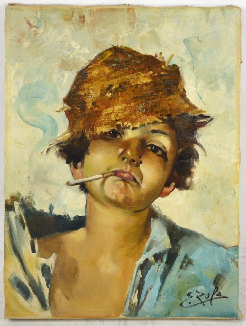 NAUGHTY CHILD PAINTING SIGNED: A mid 20th century vintage painting of a young boy in a straw hat smoking a cigarette. The work is oil/canvas and is signed. Measures: 16" x 12"