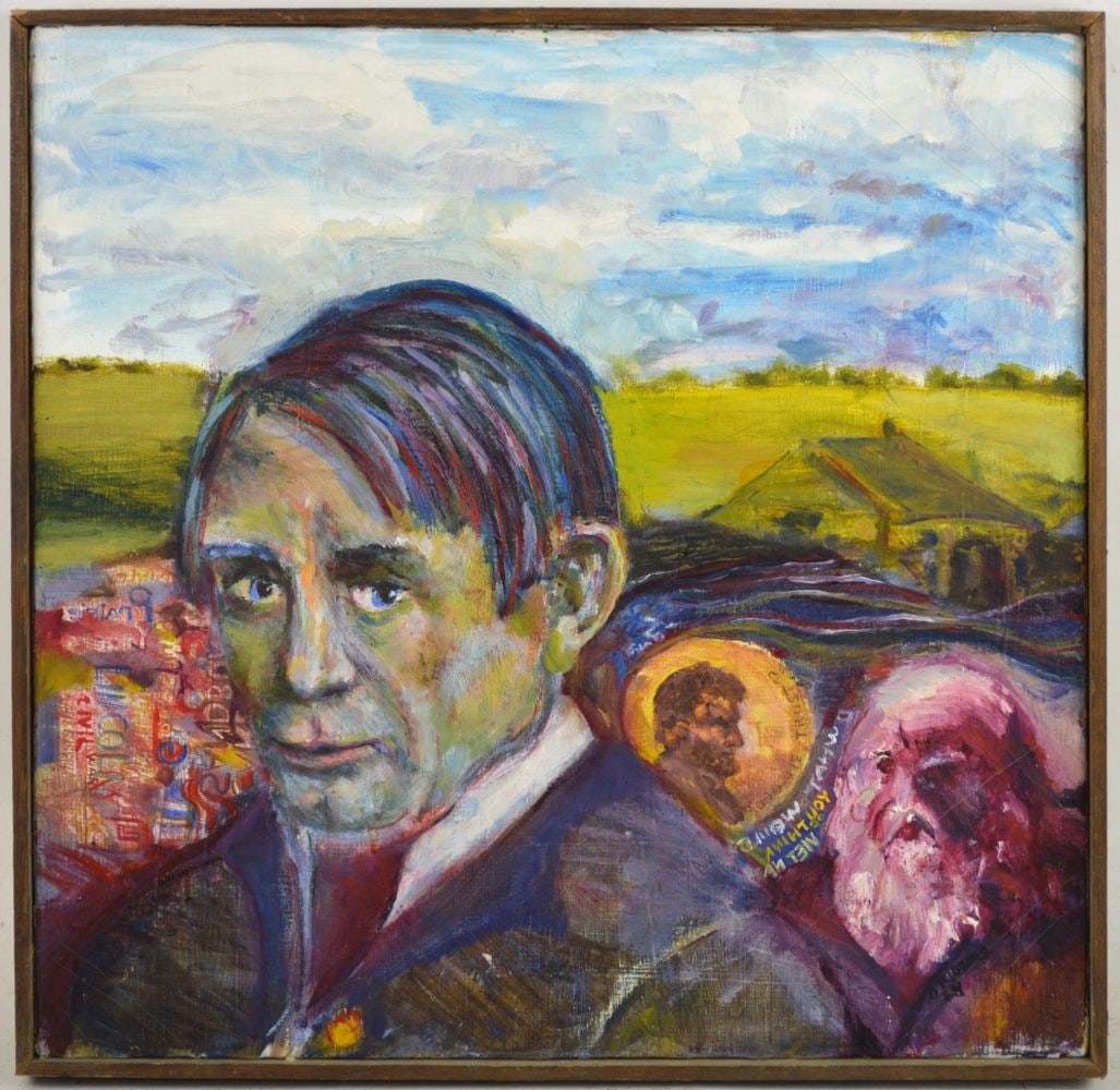 EXPRESSIONIST PAINTING SIGNED: A 20th C. vintage surrealistic expressionist painting. The work is oil/canvas and is framed in a thin-edged artist type frame. The work is signed and notated. Measures: 20 7/8" x 20 7/8" Rabbet: