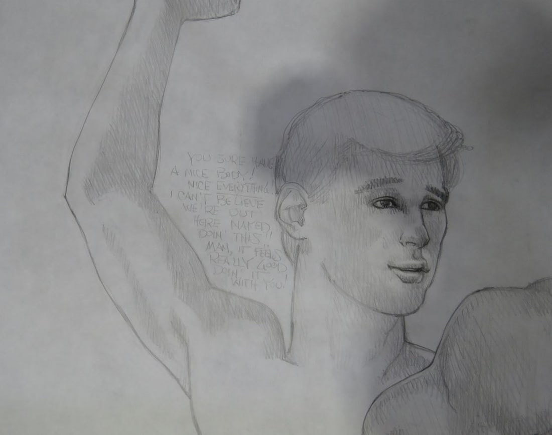 DRAWING OF 2 NUDES: A homoerotic drawing of a two nudes. The work is graphite/paper and is not signed. It is notated - see photos. Measures: 48" x 67"