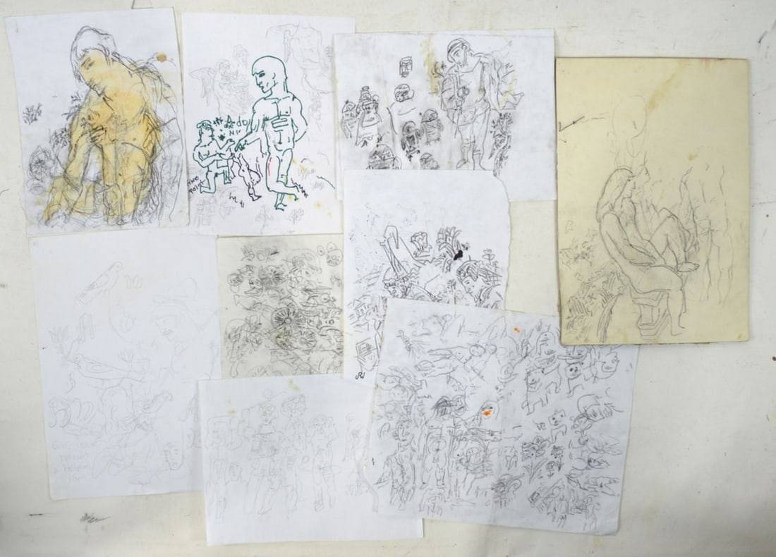 9 PEMBERTON DRAWINGS SOME SIGNED: Pemberton (NY 20th/21st C). Lot of 9 racy, folksy, homoerotic illustration art type drawings or sketches. The works consist of ink/paper and mixed media/paper. Pemberton's style verges on what could b