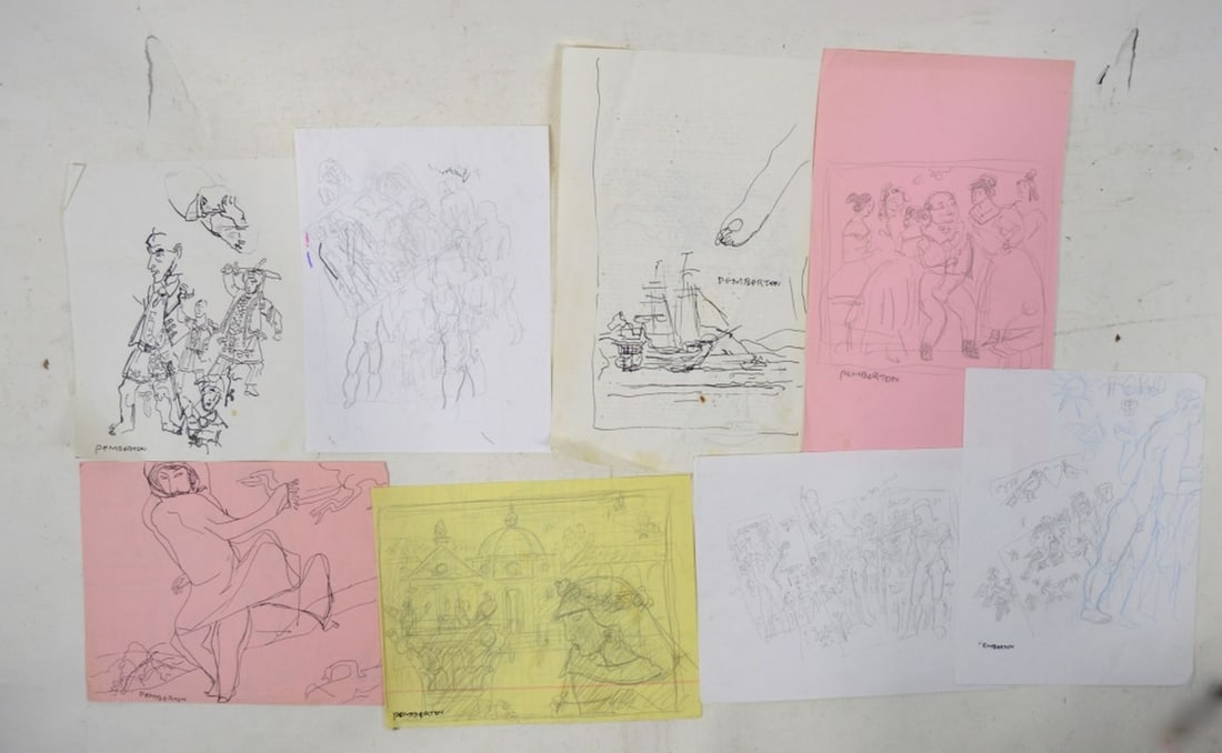 8 PEMBERTON DRAWINGS SOME SIGNED: Pemberton (NY 20th/21st C). Lot of 8 racy, folksy, homoerotic illustration art type drawings or sketches. The works consist of ink/paper and mixed media/paper. Pemberton's style verges on what could b