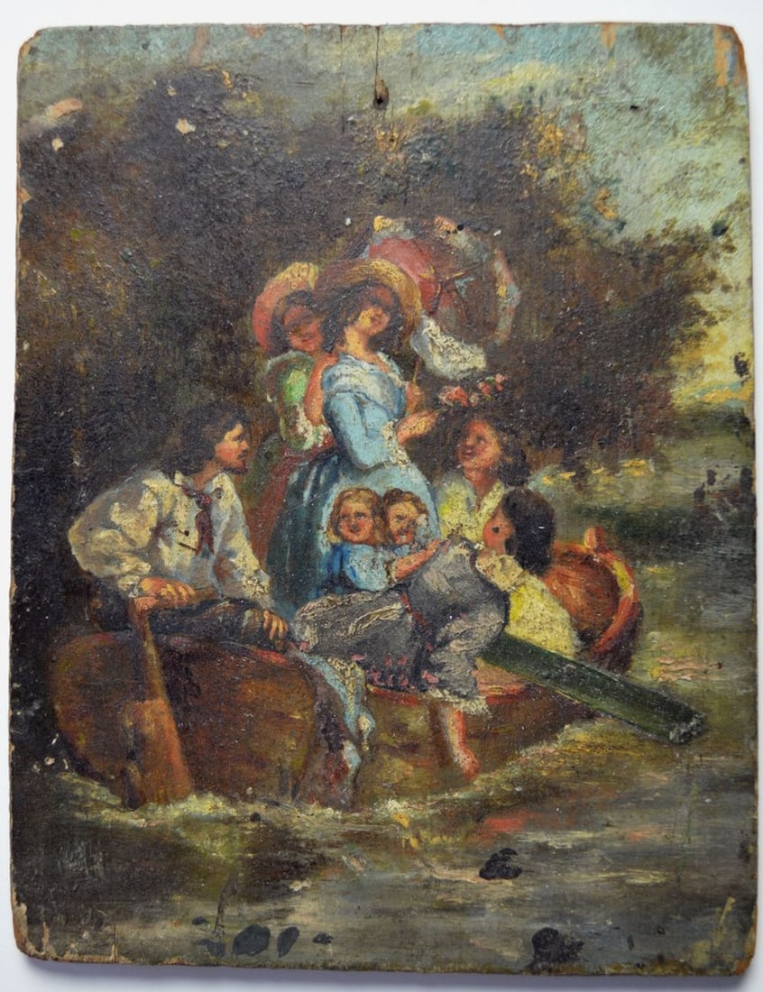 ANTIQUE OLD MASTER PAINTING: An antique, likely 18th/19th C. painting of a group out boating.. The work is oil/ wood panel. It does not appear to be signed. Measures: 7 1/2" x 5 7/8" Provenance: A private NY collection