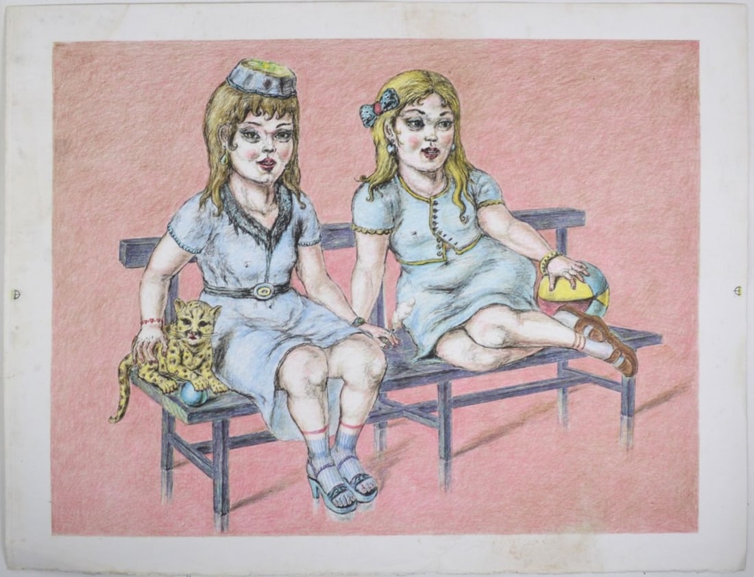 FRENCH SCHOOL MODERNIST LITHOGRAPH: Peter Passuntino (Amer/France. B. 1936). An original lithograph on Somerset watermarked paper with deckled edges. Two girls on a bench. The work is not signed. Measures: 22" x 29"