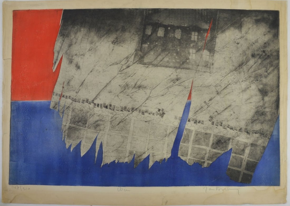 MODERN ABSTRACT LITHOGRAPH SIGNED: A modern (20th C) abstract colorfield lithograph on paper. The work is signed and titled, "War", in pencil Measures: 23" x 31" Plate: 19 3/4" x 29 1/4"