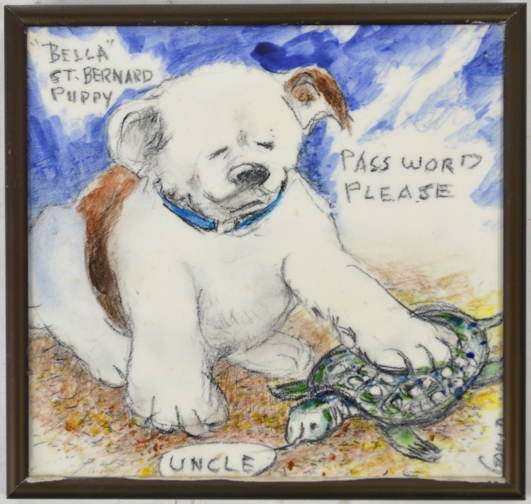 JOHN FLEMING GOULD ORIGINAL TILE PAINTING SIGNED: John Fleming Gould (NY/NJ 1906-1996). Well know for his illustration art. An original painted and glazed tile. The tile is signed and bears an inscription/signature verso. Framed. 