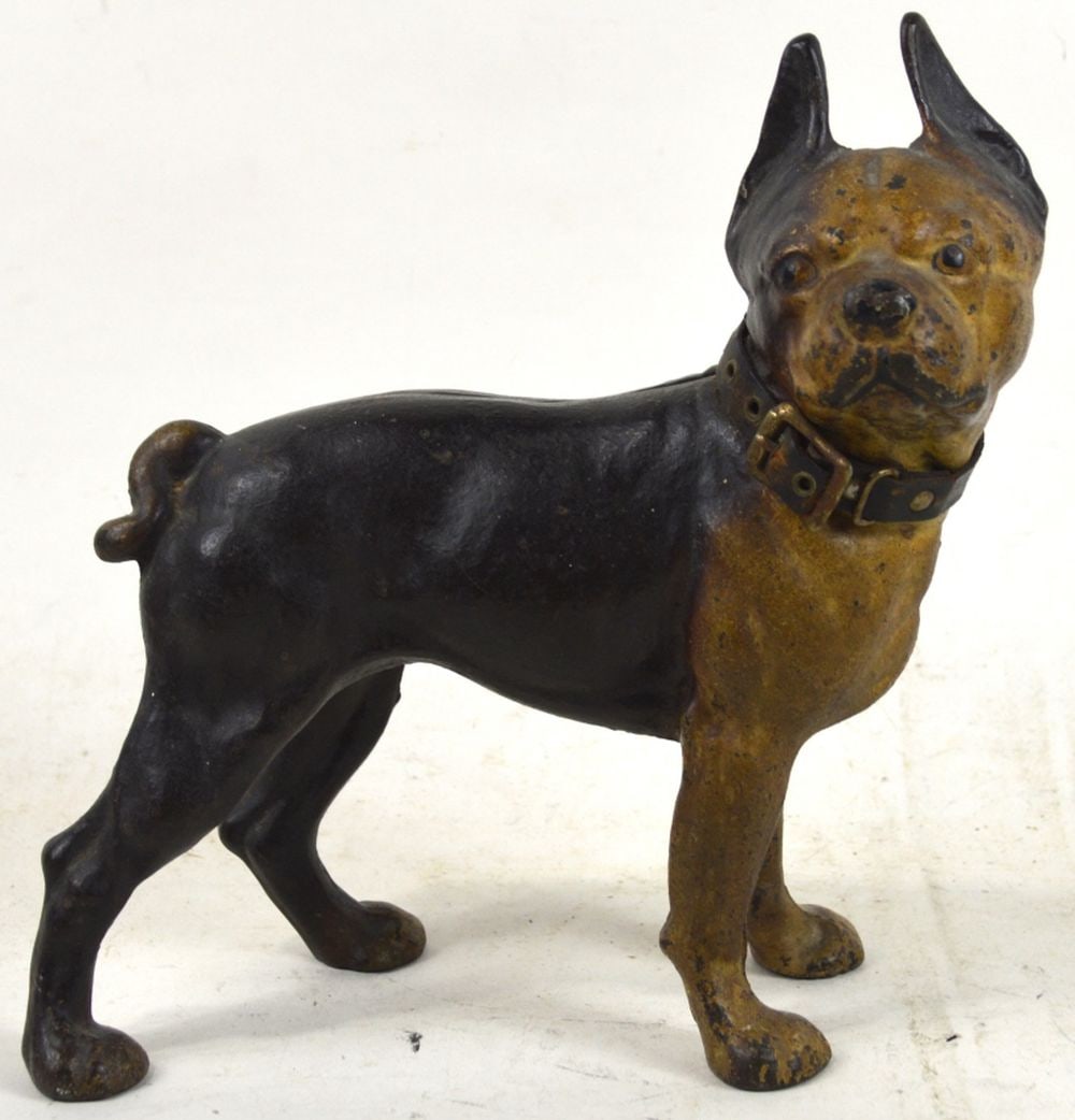 ANTIQUE CAST IRON PAINTED DOG SCULPTURAL DOOR STOP (1 of 4)