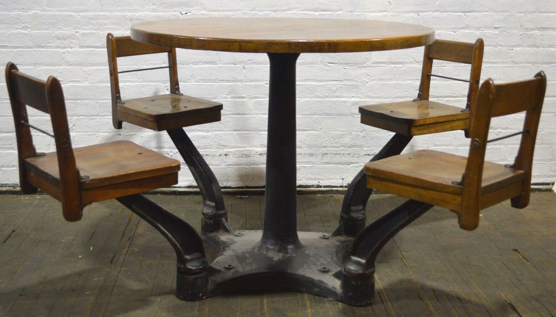 CAST IRON TABLE W 4 ATTACHED SWIVEL SEATS (1 of 7)