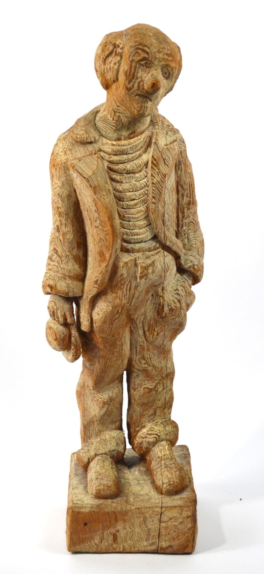 FOLK ART CARVED WOOD SCULPTURE: A vintage/antique carved wood sculpture with what appears to be applied gesso scumbling. The work is not signed. Measures: 20" x 5 1/2" x 5 1/2"