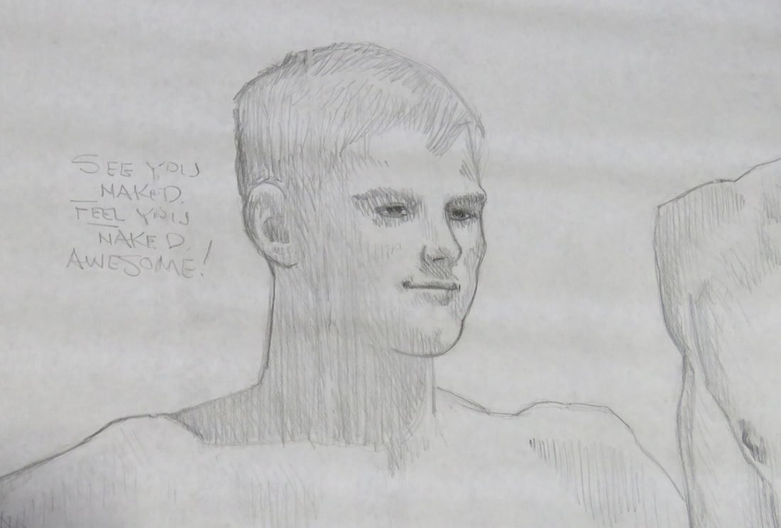 2 MEN HOMOEROTIC DRAWING: A homoerotic drawing of a naked duo. Enjoying. The work is graphite/paper and is not signed. It is notated - see photos. Titled and dated. Measures: 45" 73"