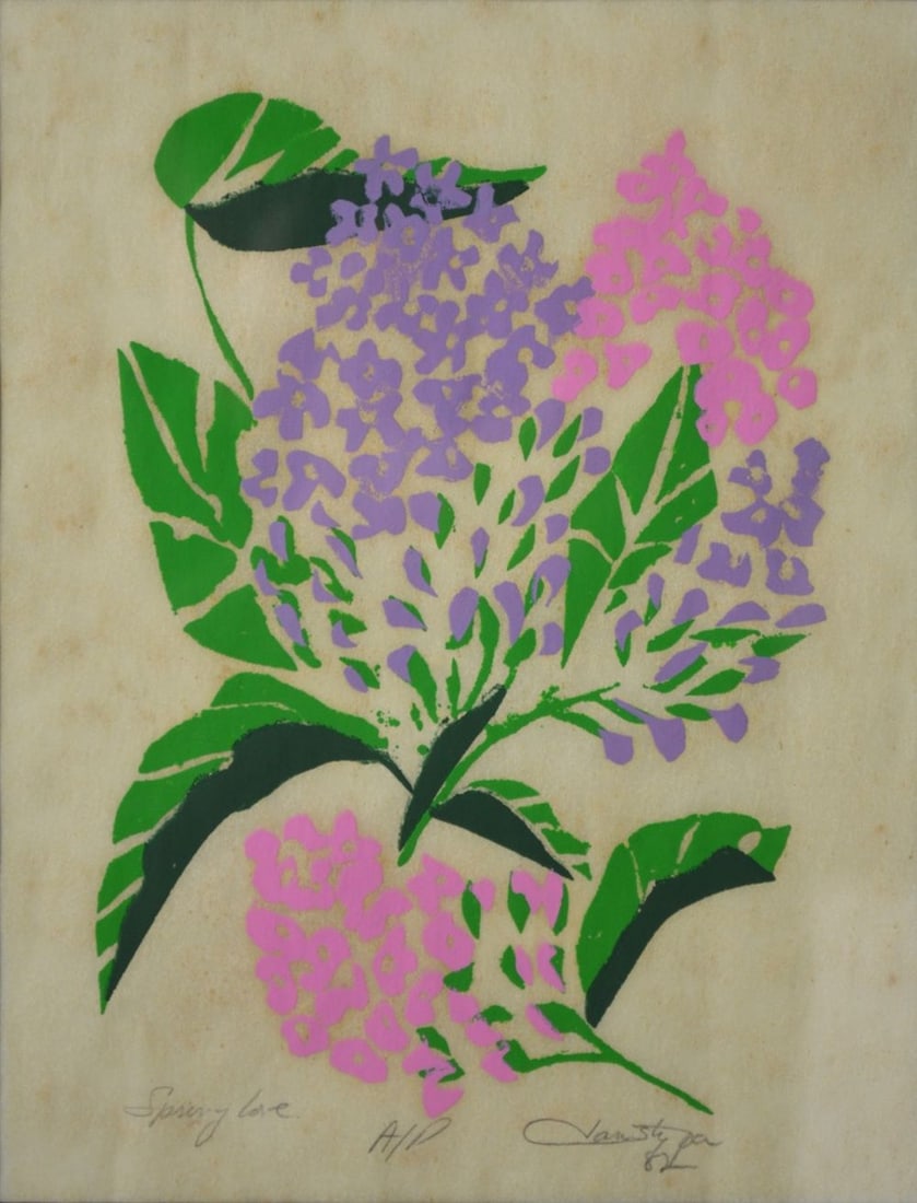 FLORAL LINO CUT PRINT SIGNED: A floral linoleum cut print on paper. The work is signed, titled ("Spring Love") and dated (1982), in pencil. It is framed in an appealing modernist frame, under glass. Designated as an A/P. 
