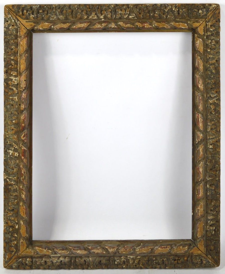 HEYDENRYK HIGHLY CARVED MODERNIST FRAME: A House of Heydenryk intricately carved wormy wood modernist frame. The design is associated with Max Weber and his works. An important frame design. Measures: 22 1/2" x 18 1/2" Rabbet: 18 1/2' x 14 1