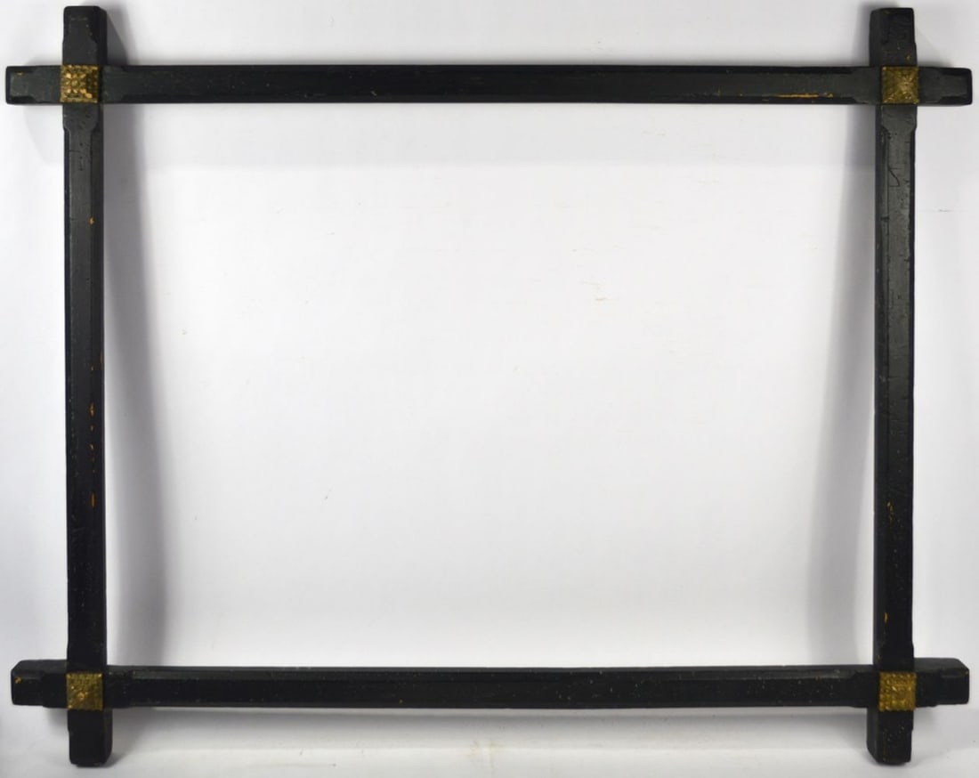 ANTIQUE ARTS & CRAFTS TRAMP ART FRAME: An antique Arts & Crafts frame with a Tramp Art corner element. A good, inspirational, folk art frame. Measures: 41 1/2" X 32 1/2" Rabbet: 24 3/4" x 34"
