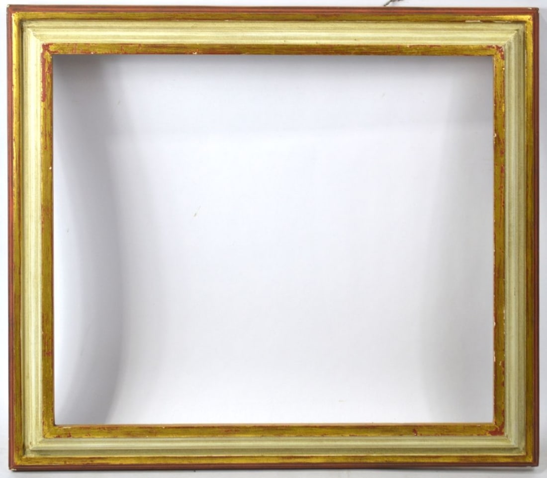 HEYDENRYK AMERICAN MODERNIST FRAME: A receding stepped polychrome modernist frame by Heydenryk (label verso) with giltwood band finish. Measures: 20 3/4" x 20 1/2" Rabbet: 16 3/4" x 19 3/4"