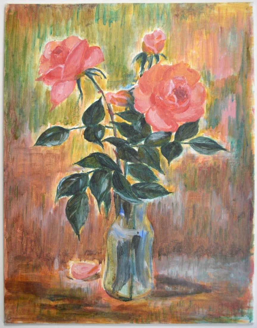 STILL LIFE PAINTING: A mid-20th Century modernist, slightly moody, still life with roses. The work is oil/canvas board and is not signed. Measures: H 18" x W 14"
