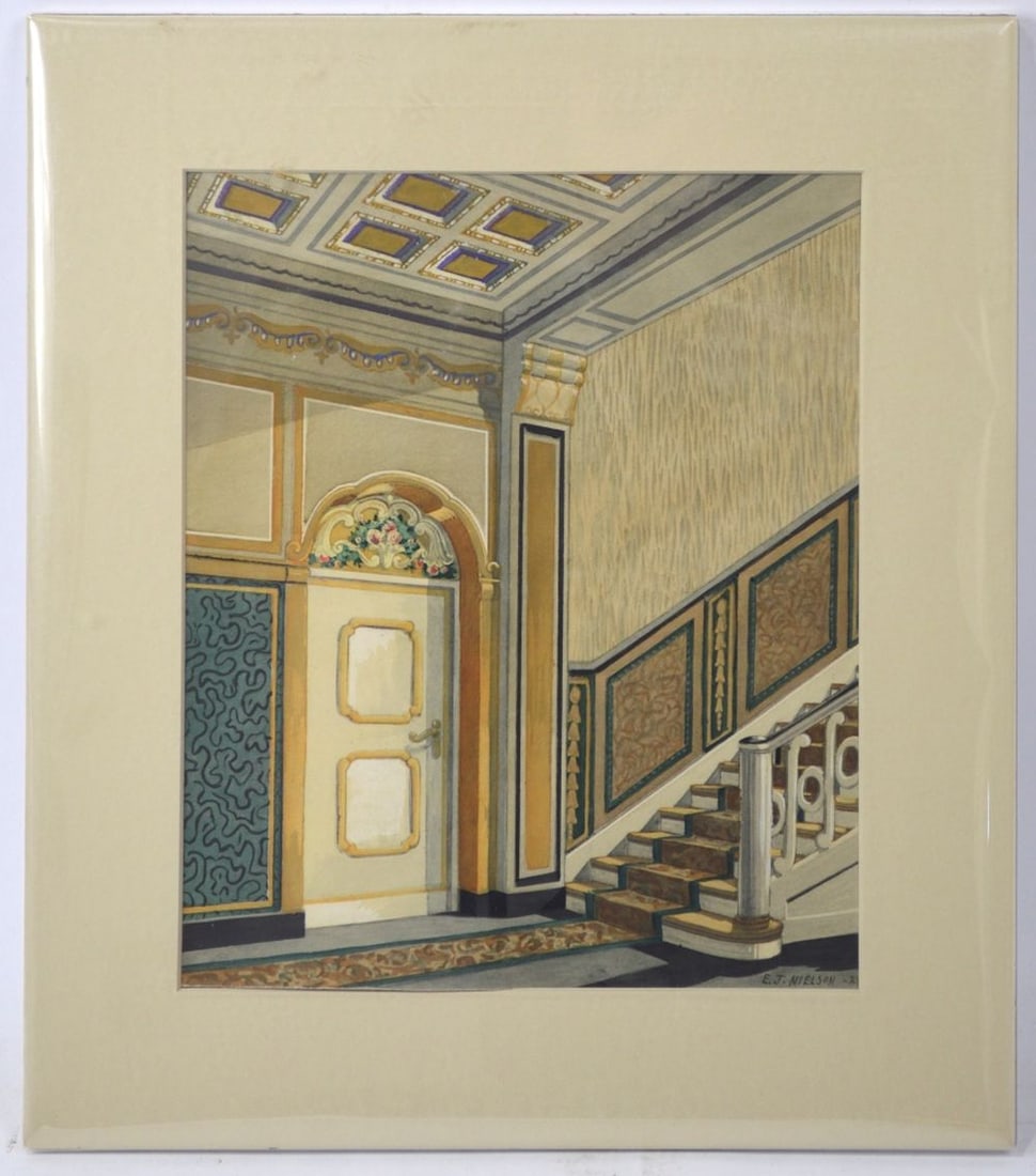 FINE 1929 ARCHITECTURAL PAINTING SIGNED NIELSON: A very good architectural / interior design painting. The work is W/C on paper and is signed and dated (1929). It is matted and wrapped in mylar. Measures: 13" x 14 1/2" Provenance: Property of a