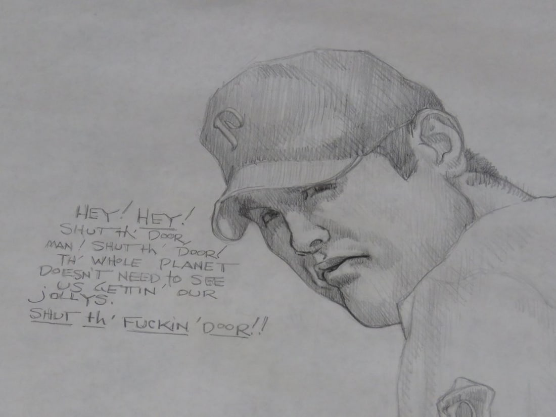 BASEBALL THEMED HOMOEROTIC DRAWING: A homoerotic drawing of a two players engaged. A twist on the great American past time.... The work is graphite/paper and is not signed. It is notated - see photos. Measures: 48" x 67"