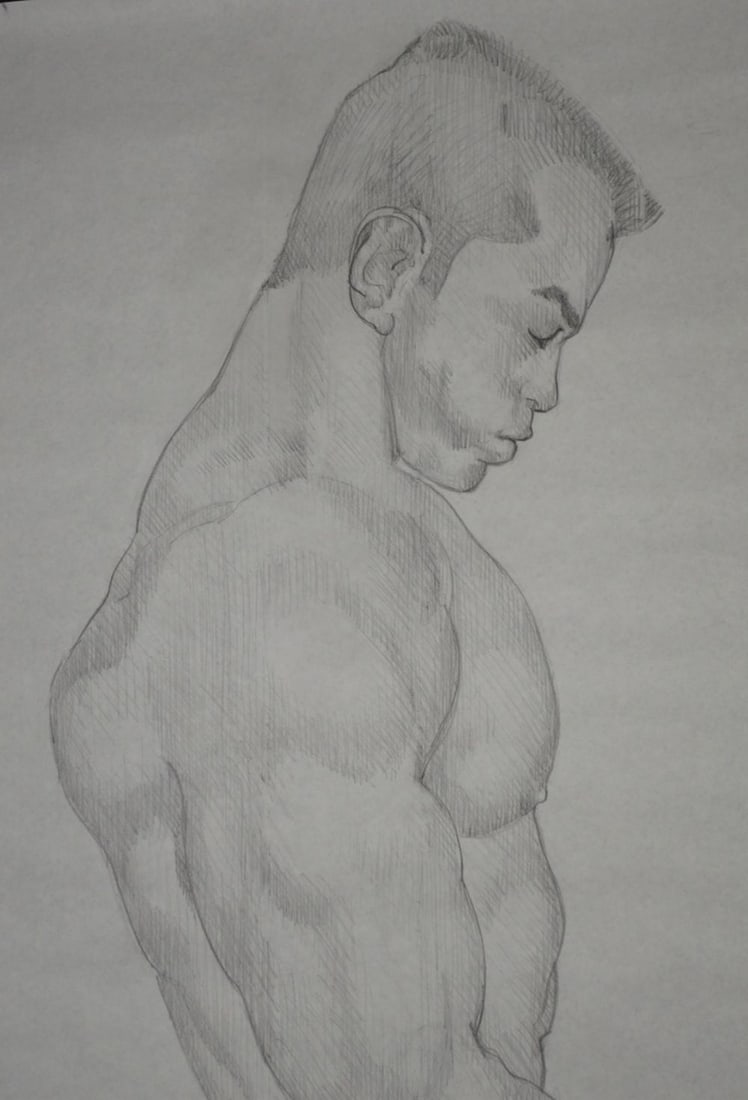 HOMOEROTIC DRAWING OF AN ENGAGED PAIR: A homoerotic drawing of a couple, engaged. The work is graphite/paper and is not signed. It is notated - see photos. Measures: 57" x 48"