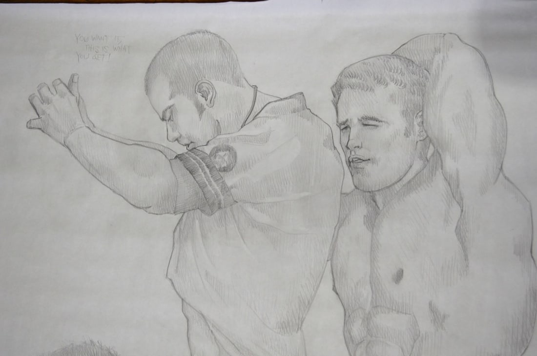 HOMOEROTIC DRAWING OF 3 MEN ENGAGING: A homoerotic drawing of 3 men in an erotic pose. The work is graphite/paper and is not signed, however it is notated - see photos- and dated. "Circle of Three". Measures: 48" x 69"