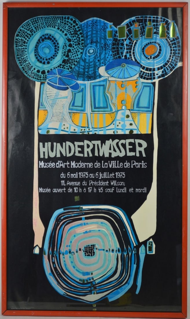 FRIEDESNREICH HUNDERTWASSER EXHIBITION POSTER: Friedensreich Hundertwasser (1928 - 2000) active/lived in Austria. A vintage poster from Hundertwasser's Parisian exhibition of 1975. Poster is believed to be from the time of the exhibition.