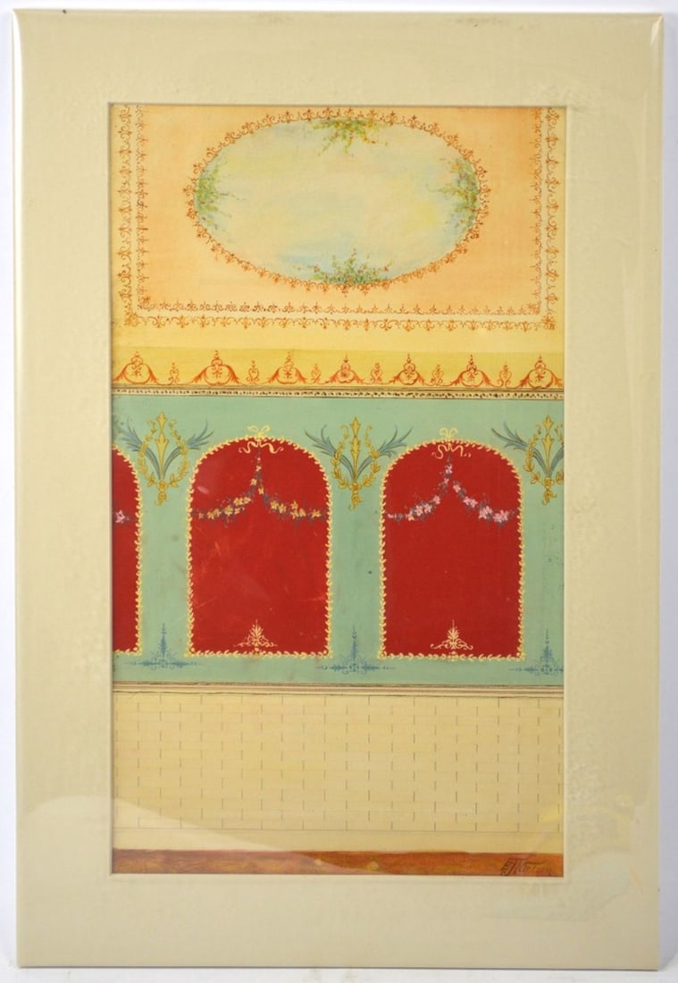 E. J. NIELSON 1929 ORIGINAL WATERCOLOR SIGNED: A very good architectural / interior design painting. The work is W/C on paper and is signed and dated (1929). It is matted and wrapped in mylar. Measures: 21" x 14" Provenance: Property of a