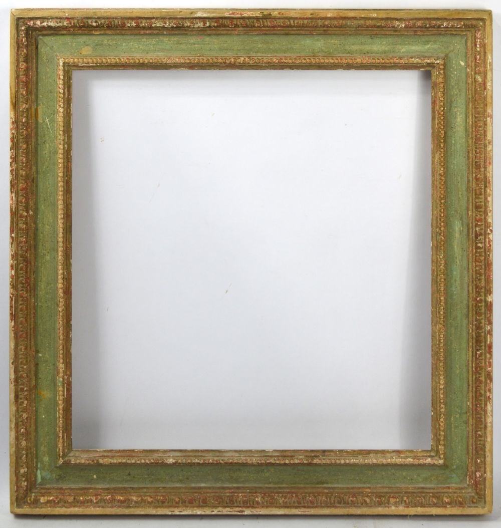 LOUIS XIII CASSETTA FRAME: A Heydenryk French Louis XIII cassetta frame with a seafoam panel and beaded inner edge. A very appealing frame. Measures: 23 1/2" x 24 1/2" Rabbet: 18 1/4" x 19 1/4"