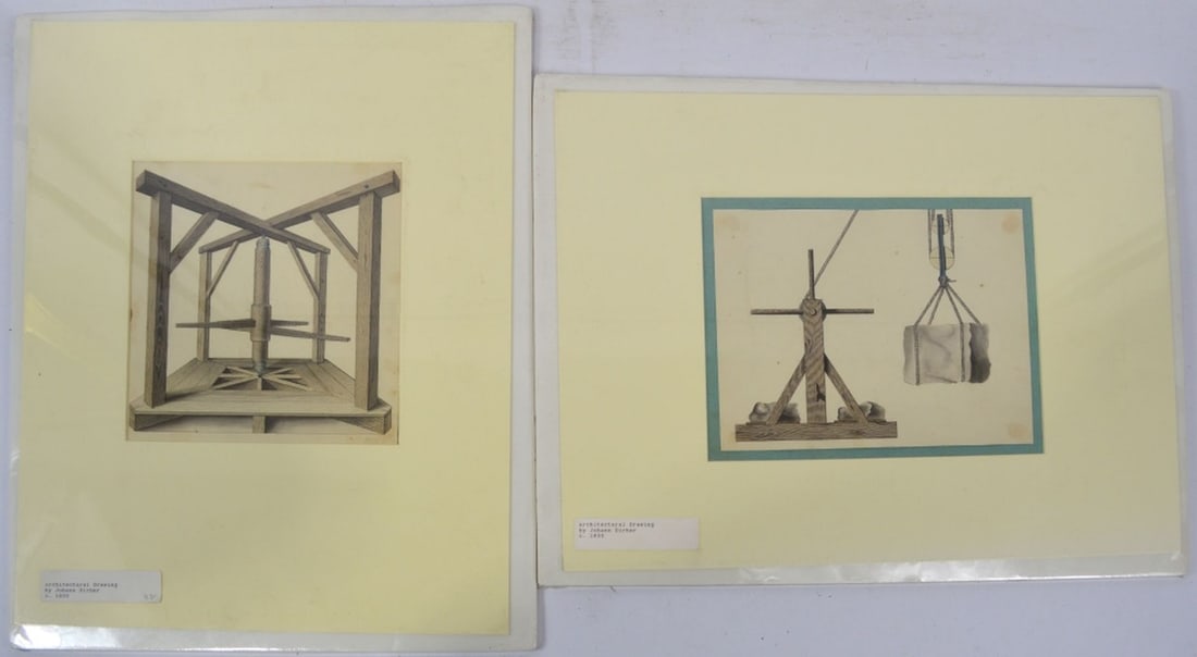 2 FINE ANTIQUE ARCHITECTURAL PAINTINGS: 2 very well done architectural paintings/drawings. The works show a mill type of structure and a Palladio inspired structure. They are not visibly signed, however attached dealer tags reference