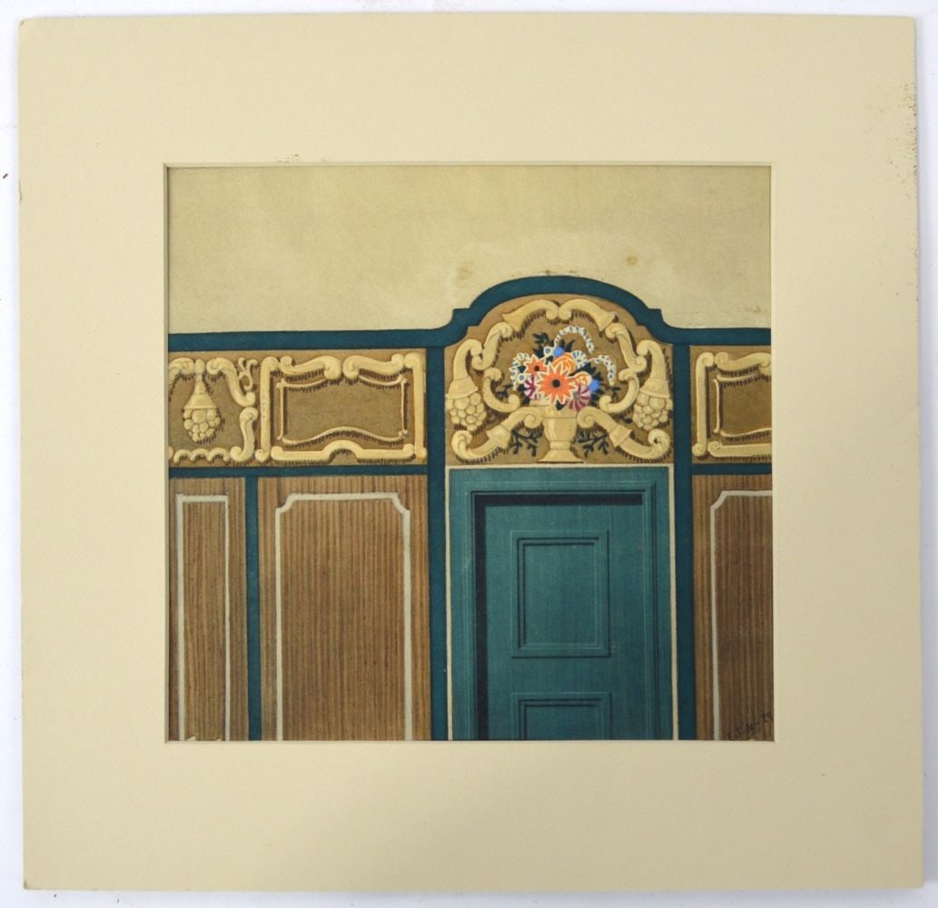 FINE 1929 ARCHITECTURAL PAINTING SIGNED NIELSON: A very good architectural / interior design painting. The work is W/C on paper and is signed and dated (1929). It is matted and wrapped in mylar. Measures: 12 1/4" x 12 3/4" Provenance: Property