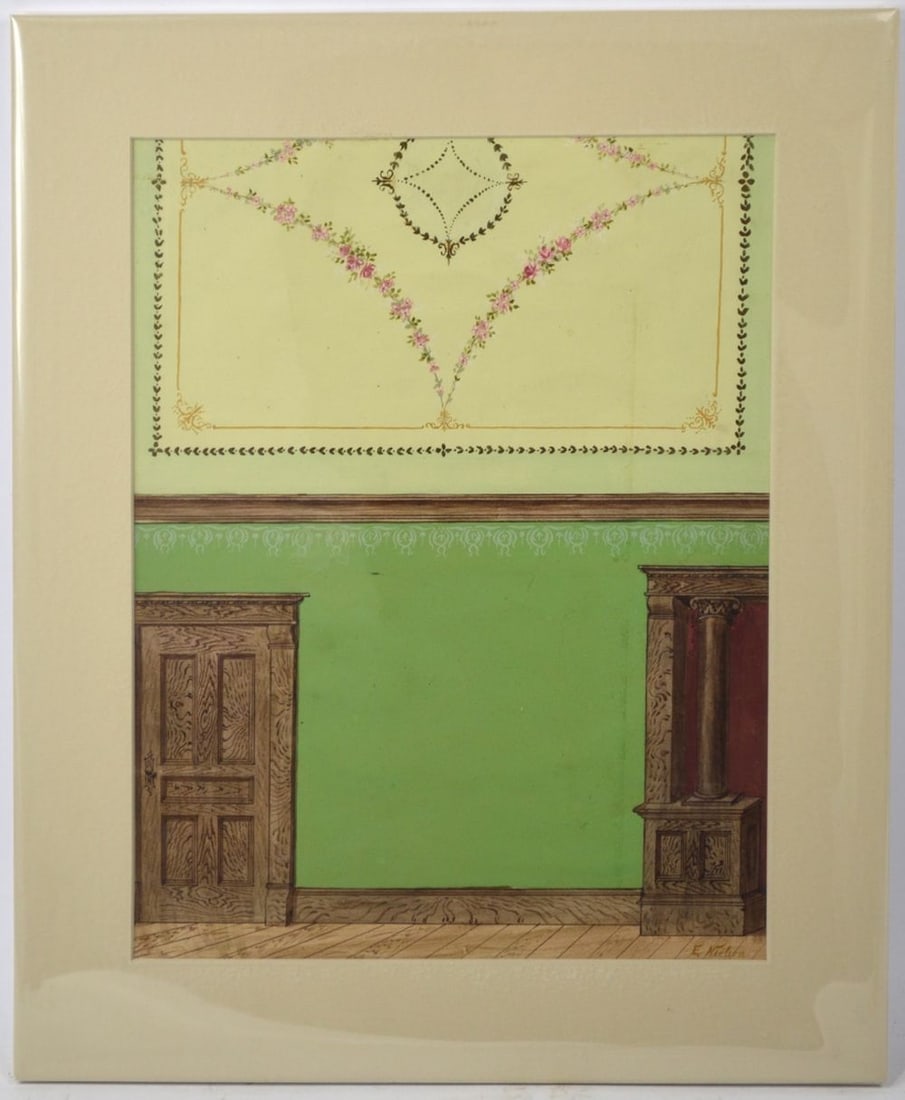 FINE 1929 ARCHITECTURAL PAINTING SIGNED NIELSON: A very good architectural / interior design painting. The work is W/C on paper and is signed and dated (1929). It is matted and wrapped in mylar. Measures: 17 1/2" x 14 1/2" Provenance: Property