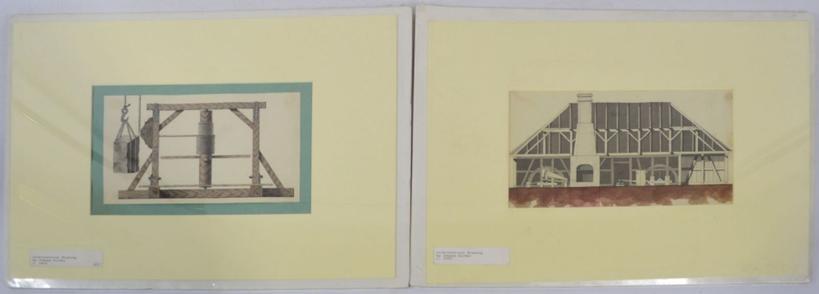 2 FINE ANTIQUE ARCHITECTURAL PAINTINGS: 2 very well done architectural paintings/drawings. The works show a mill type of structure and a Palladio inspired structure. They are not visibly signed, however attached dealer tags reference