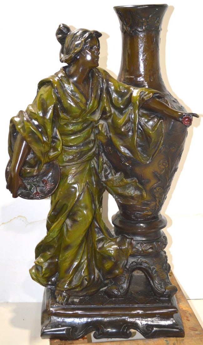 LARGE BRONZE FIGURAL FLOOR SCULPTURE: A good, and large, bronze figural (possibly Chinese) sculpture w vase. Heavy and well made. Not visibly signed. Good patina. Measures: 34" x 19" x 13"
