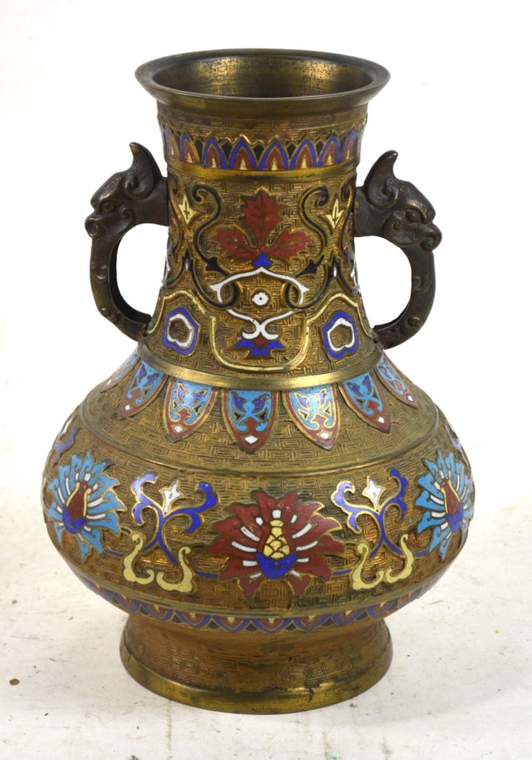 ANTIQUE JAPANESE 2 HANDLED CHAMPLEVE VASE: A good, anitque, Japanese champleve vase. Enamel on brass. Measures: 12" x 8 1/2' x 8 1/2"