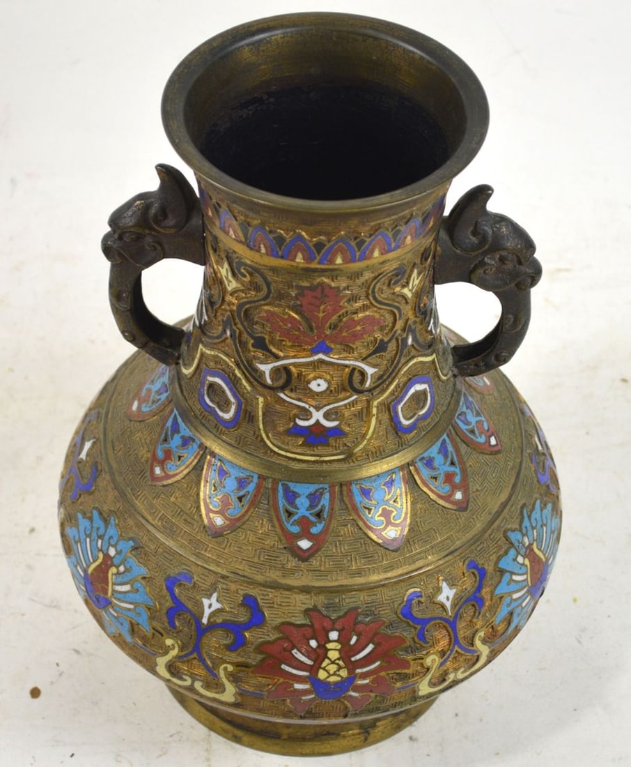 ANTIQUE JAPANESE 2 HANDLED CHAMPLEVE VASE - 2