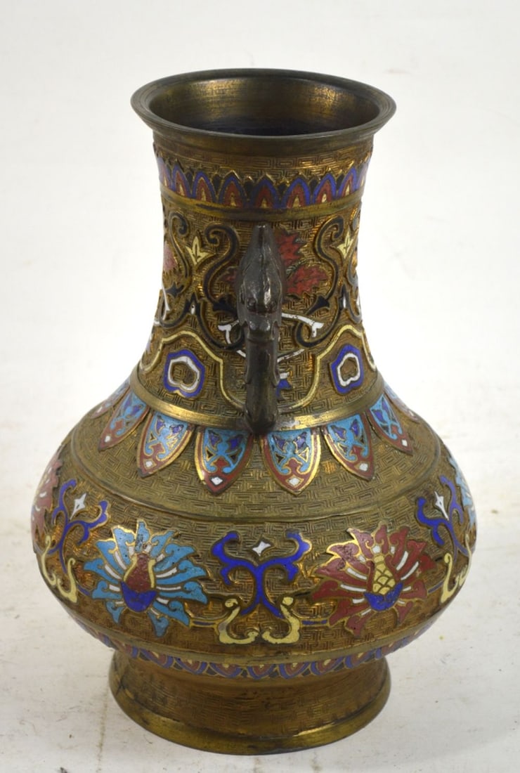 ANTIQUE JAPANESE 2 HANDLED CHAMPLEVE VASE - 3