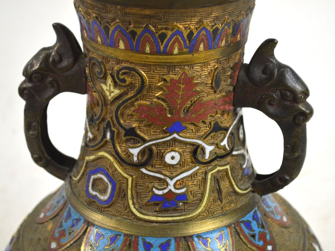 ANTIQUE JAPANESE 2 HANDLED CHAMPLEVE VASE - 4