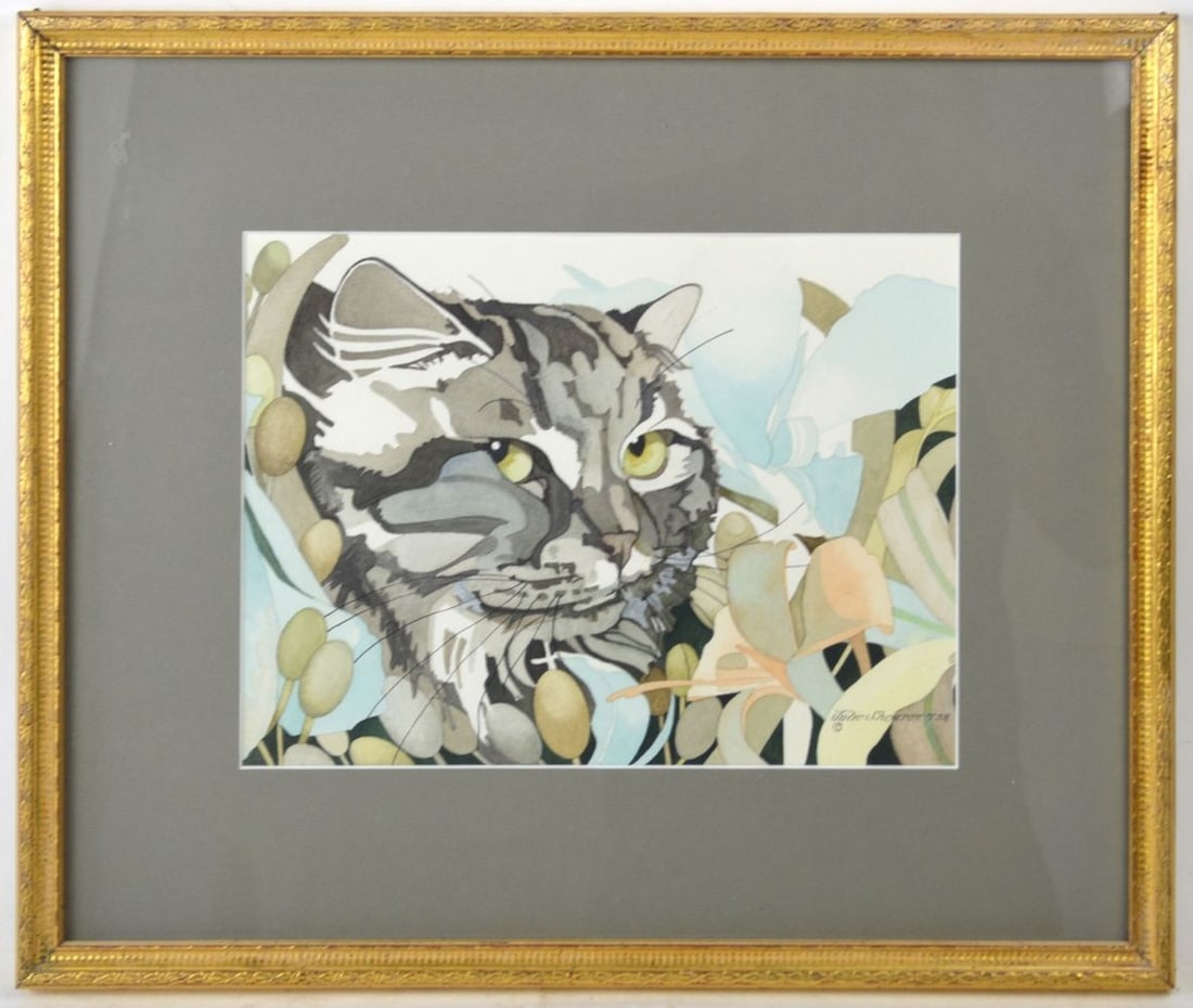 FELINE PAINTING SIGNED: Julie Shearer (CT 20th C.). A harvest Halloween cat painting. The work is w/c on paper and is signed. It is nicely framed in a gilt edge modernist frame, under glass. Measures: 16" x 19"