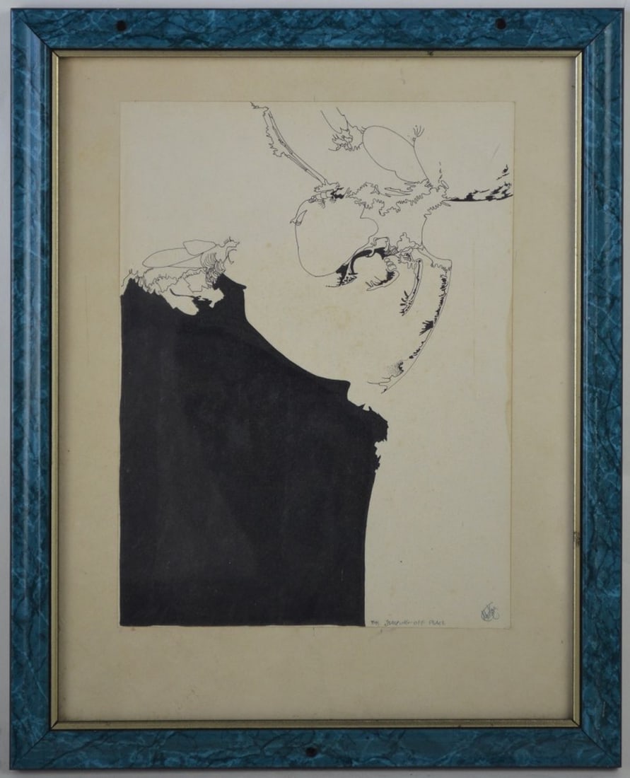 SURRREALIST DRAWING SIGNED: An interesting surrealist drawing. The work is ink/paper and is titled, "The Jumping-Off Place" and is signed. It is framed, under glass. Measures: 15 3/4" x 12 3/4" Work: 11" x 8 1/4"