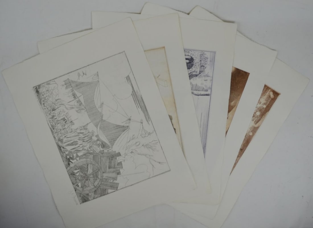 GROUP 5 ORIGINAL SIGNED ETCHINGS: Joe A. Pecsenke (1942-1989 / Sweden). A grouping of 5 original etchings from Pecsenke's Commedia Dell' Arte. Signed and #'d, in pencil. Measures: H 26" x W 19 1/2"