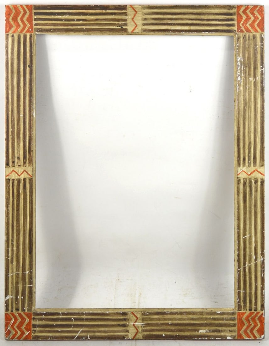 HEYDENRYK PRIMITIVE POLYCHROME FRAME: A Heydenryk American modernist frame demonstrating a "primitive" motif. A special frame. Measures: 20 7/8" x 26 7/8" Rabbit: 16 3/4" x 22 3/4"