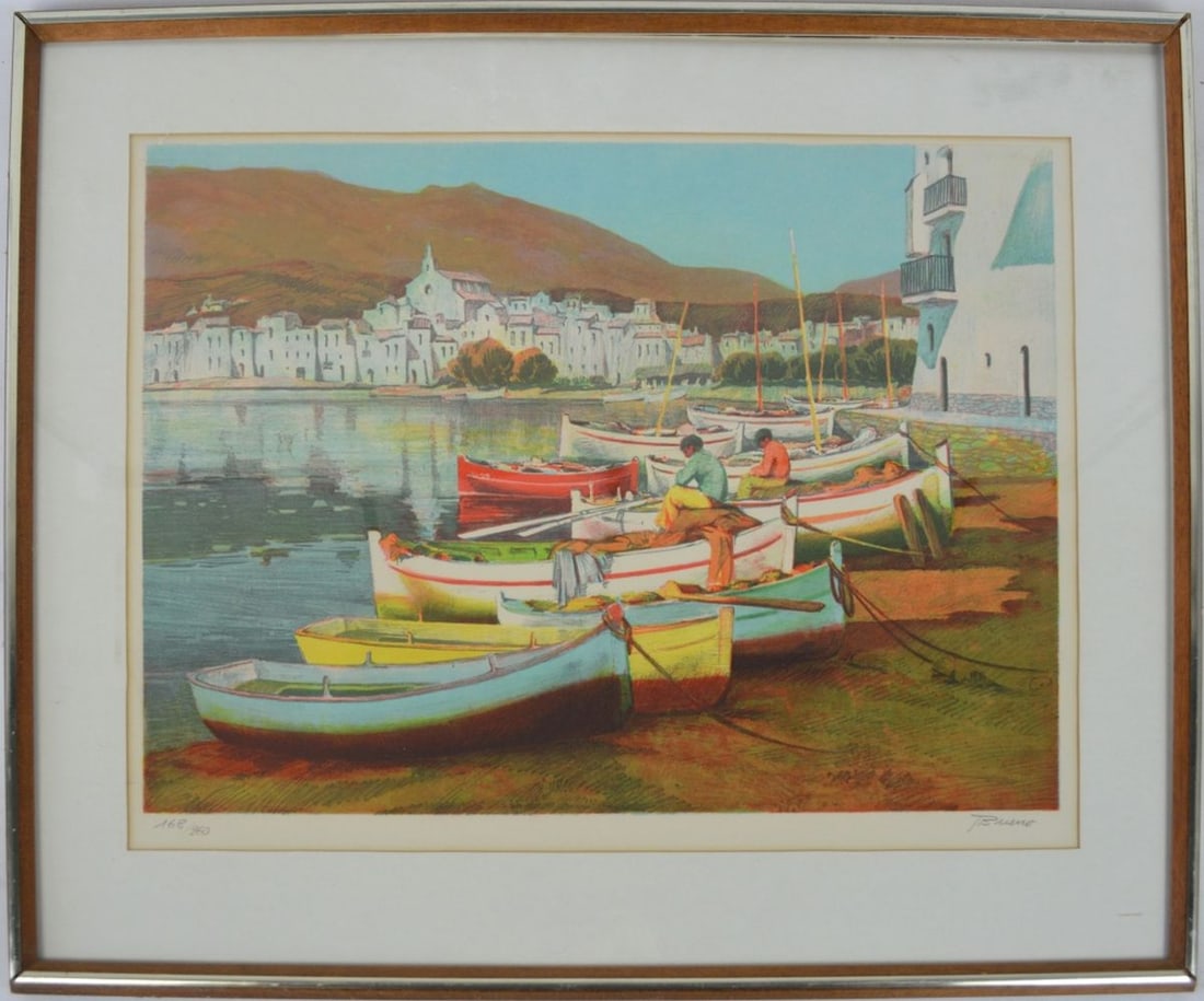 MODERN LITHOGRAPH SIGNED: A good color lithograph of a Mediterranean fishing village. The work is signed (Bueno ?) and is numbered, from an edition of 260. Framed, under glass. A.P.F. Carlyle Hotel (NY) Showroom