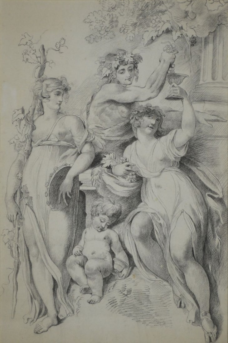 OLD MASTER DRAWING AFTER FRANCOIS BOUCHER: A well done old master drawing of a Bacchanalian genre scene in the manner of Francois Boucher. The work is graphite on laid paper. It is not signed. It is framed in a good gilt edge frame,