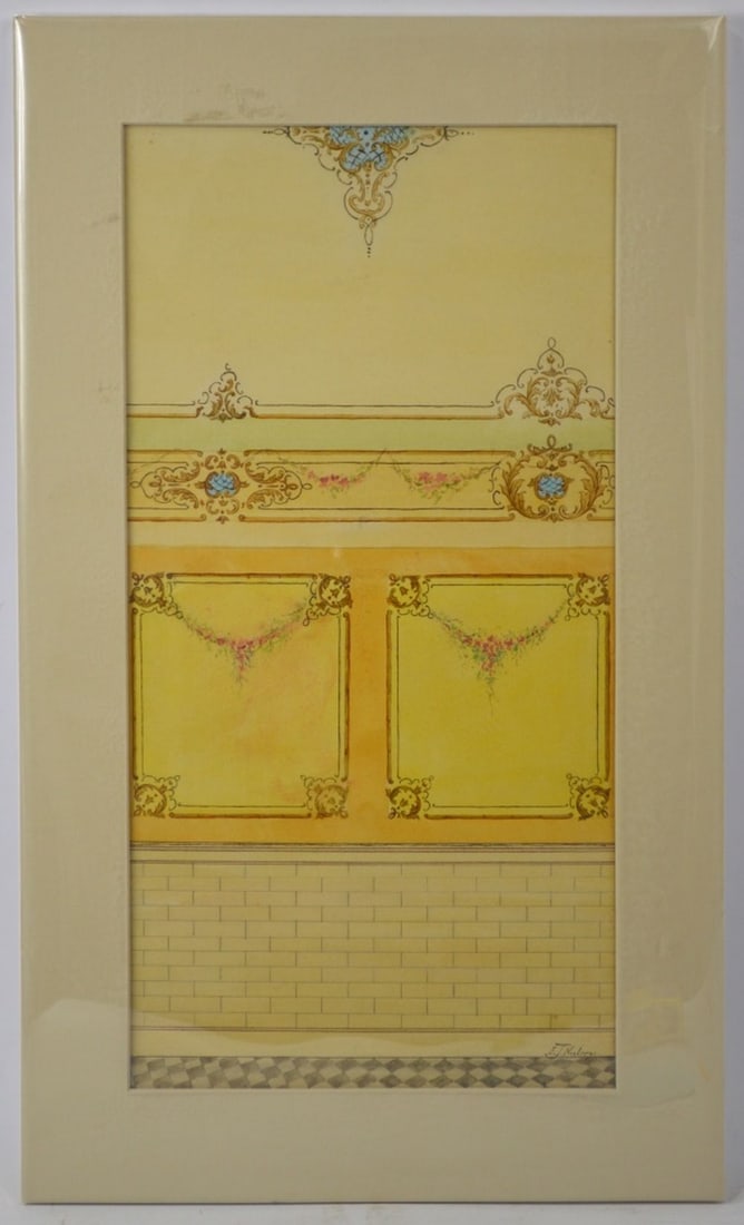FINE 1929 ARCHITECTURAL PAINTING SIGNED NIELSON: A very good architectural / interior design painting. The work is W/C on paper and is signed and dated (1929). It is matted and wrapped in mylar. Measures: 22" x 13" Provenance: Property of a