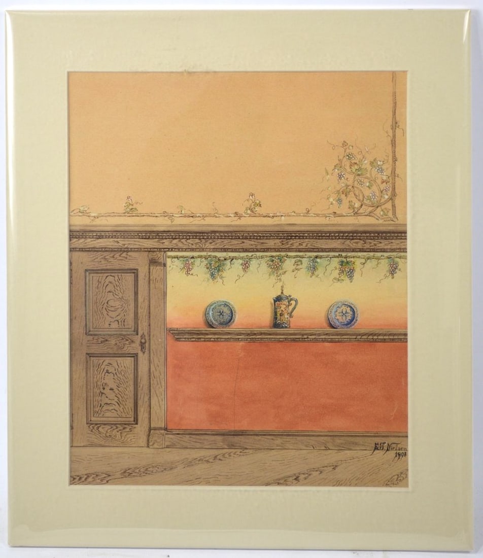E. J. NIELSEN 1903 ARCHITECTURAL PAINTING SIGNED: A very good architectural / interior design painting. The work is W/C on paper and is signed and dated (1903). It is matted and wrapped in mylar. Measures: 17 1/2" x 14 1/2"