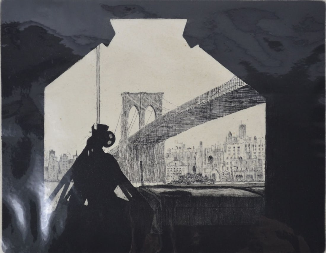 MAX COHEN NYC BROOKLYN BRIDGE ETCHING SIGNED: Arthur Cohen (1928-2012). A good etching of the Brooklyn Bridge, titled, "Bridge Silhouette" (1982). The work is signed and #'d from an edition of 250 and the there is a blindstamp LR. The work