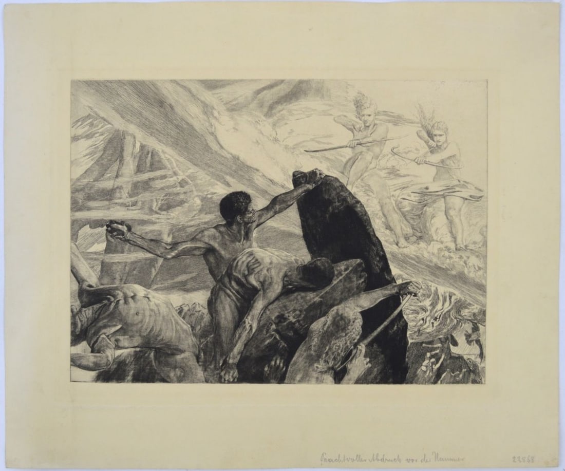 MAX KLINGER TITANS ETCHING: Max Klinger (German 1857-1920). An etching/engraving/mezzotint titled, "Titans" (Titanen) from Klinger's Bramsphantasie portfolio which consists of 41 engravings/etching/mezzotint works printed