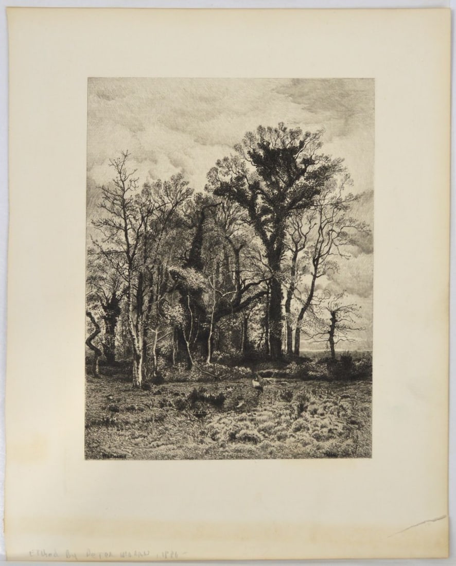 PETER MORAN ETCHING THE EDGE OF THE SWAMP: Peter Moran (US/UK 1841-1914). An etching, after a painting by W. L. Picknell, titled, "The Edge of the Swamp". 1886. Signed, in the plate, both Moran's and Picknell's signatures- LR / LL. 