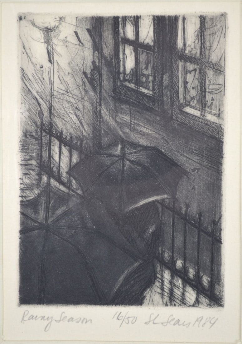 SARAH L SEARS US/CONTEMP A FINE ETCHING SIGNED: Sarah L Sears (US Contemporary). A very good New York mood etching. The work is signed, titled, "Rainy Season", dated (1984), and #'d in pencil. It is matted and mylar wrapped. M. Sears has