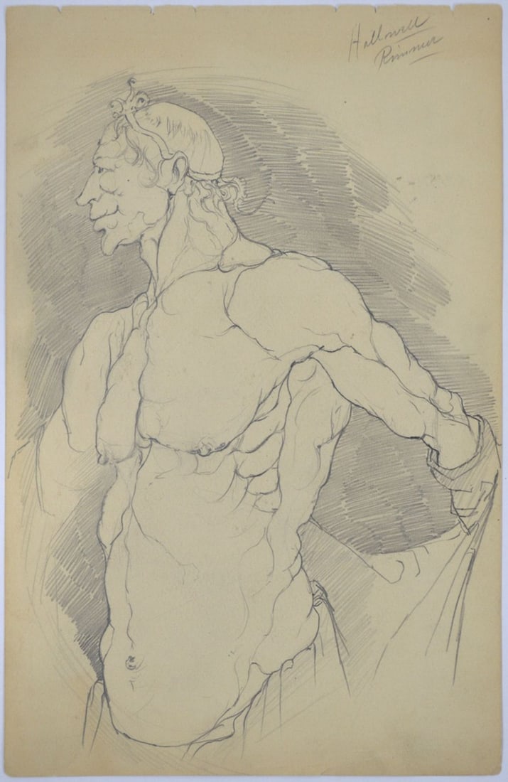 FINE SEMI NUDE MASCULINE ACADEMIC DRAWING SIGNED: A good drawing of a semi nude man in a Romanesque pose. The work is graphite on paper and is signed illegibly (possibly Hallowell Rimmer). Provenance: From a distinguished private collection of